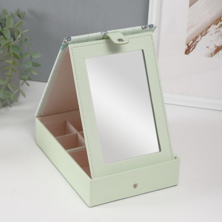Casket leatherette for jewelry with a dinosauric mirror Green 15x21.5x5.5 cm-3