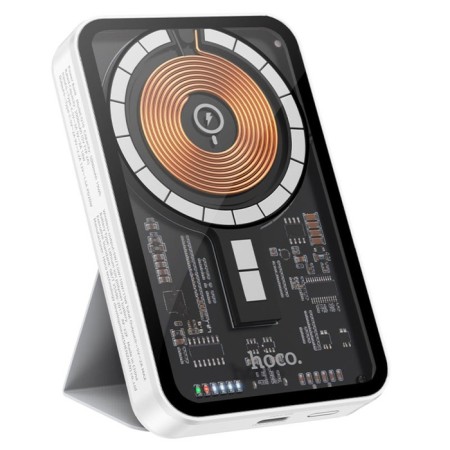 External battery Hoco Q10, 5000 mAh, 1 Type-C, 2 A, display, wireless charging, white-1