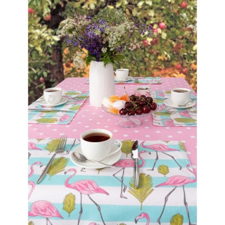 Set of kitchen tablecloths, Flamingo stands, size 110x140 cm, 35x45 cm - 4 pcs, birds, pink 10-1