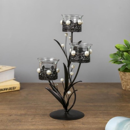 Summary metal, glass for 3 candles "openwork with pearls" black 29x15x11.5 cm-3