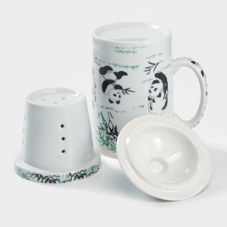 Ceramic mug with a panda lid and sieve, 300 ml, white color-2