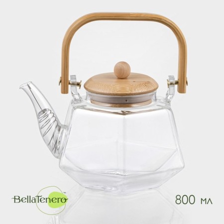 Glass teapot with a bamboo lid and a metal filter Bellatenero Octan, 800 ml