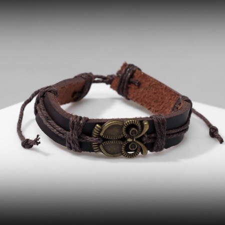 Bracelet Leather "Style" owl, brown color in black gold, d = 6 cm-4