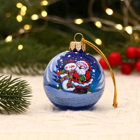 Christmas ball D-6 cm "Snowman at the Christmas tree" manual painting, blue