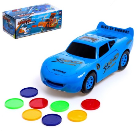 The car "Carry", works from batteries, shoots with discs, light and sound, blue color
