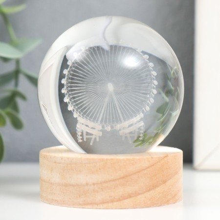 Souvenir Glass backlight "Ferris wheel" d = 6 cm stand wood, usb 6.5x6.5x7.5 cm-2