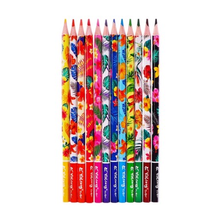 Pencils 12 colors in a cardboard box, hexagonal, wooden, flowers on a black mix-2