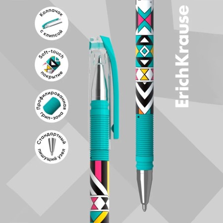 Ballic handle Erichkrause Colortouch Ornament, node 0.7 mm, thin letter, rubber holder, rod with design, blue ink blue-1