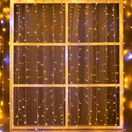 Garland "Curtain" 2 × 3 m, IP44, UMS, white thread, 760 LED, warm white glow, white flicker, 220 V