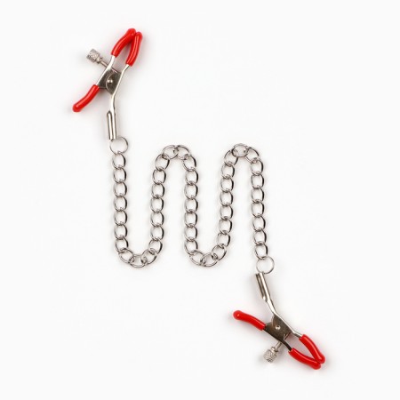 BDSM Assessoir Okpoki, clamps for nipples with a chain, metal, red-3