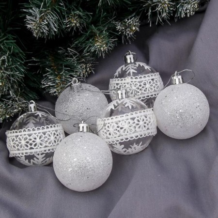 Set of balls plastic D-6 cm, 6 pcs "frost" lace, white