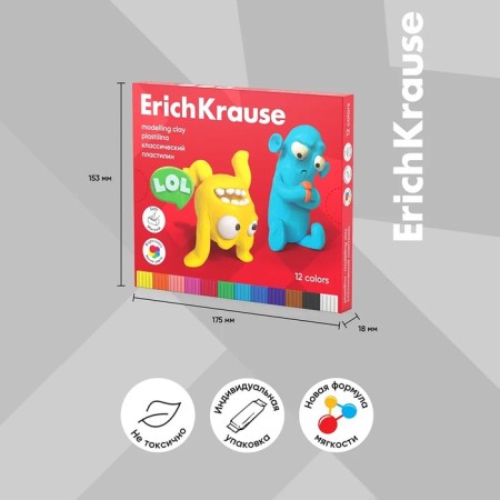Plasticine 12 colors, 216 g, Erichkrause "Jolly Friends", with a stack, in cardboard packaging-1