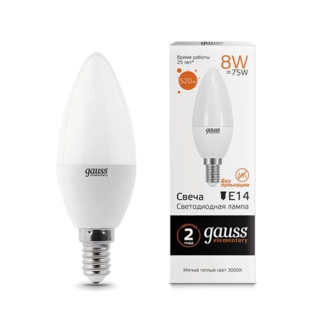 LED LED ELEMENTARY 8W candle 3000K TEPP. Bel. E14 520lm Gauss 33118