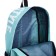 A backpack with a zipper, an outer pocket, 2 side pockets, a turquoise color