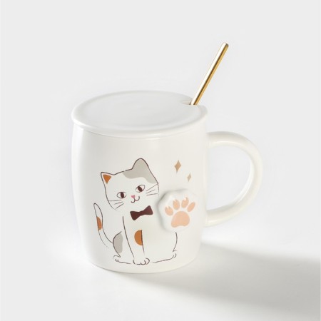 Ceramic mug with a lid and a spoon "Kitty", 350 ml, white color