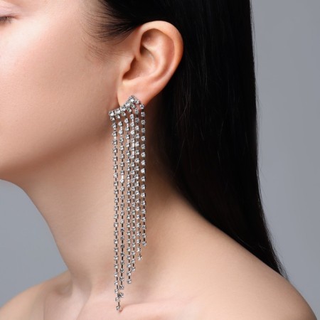 Hanging earrings with rhinestones "Waterfall" rows, white color in silver, 14 cm-3