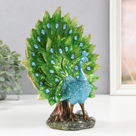 Polystone souvenir "Blue peacock with green blossomed tail in the meadow" 10.5x22x26 cm