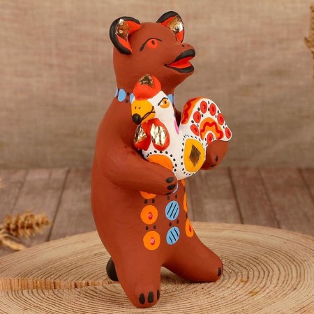 Dymkovo toy "Bear with a flower, with a rooster, with harmony", 11 cm, mix-11
