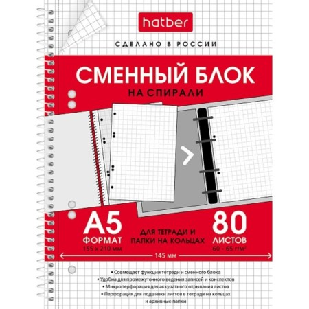Smooth block for notebooks on 4 rings A5, 80 sheets in a cage, individual packaging