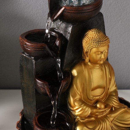 The desktop fountain from the network, the backlight "Buddha at the cliff with bowls" gold 20x20x30 cm-5