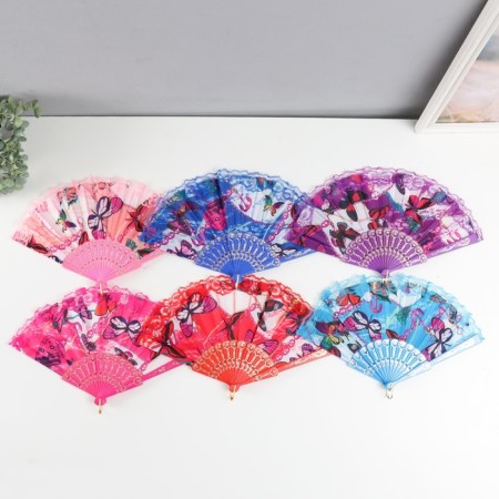 Fan plastic, textile "butterflies in lace" mix 23 cm