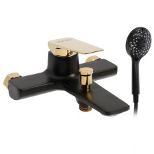Bath mixer Zein Z3890, single -leaf, watering can 3 modes, hose, holder, black/Gold