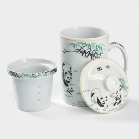 Ceramic mug with a panda lid and sieve, 300 ml, white color-1