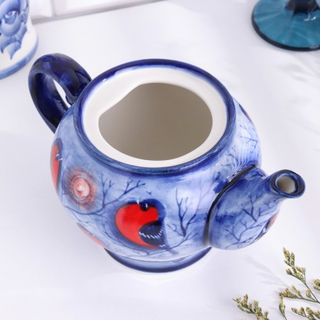 Kettle "Coys", bullfinches, small, 14 x 14 cm, gzhel-4