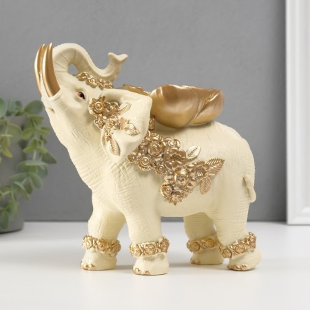 Souvenir Polystone "Beige Elephant with a Golden Flower" 18x14x19 cm