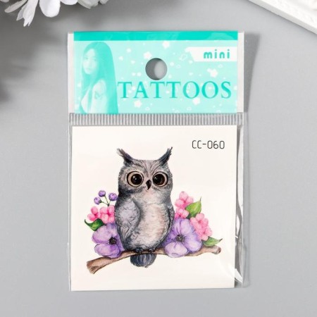 Tattoo on the body color "Little eagle owl on a branch with flowers" 6x6 cm-2