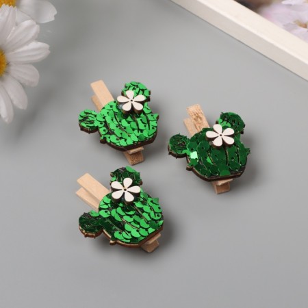 Decor for creativity wood "Procher. Cactus with flower" sequin set 3 pcs 1.5x4.8 cm-1