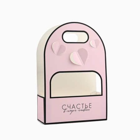 Carriage for flowers with cut -out hearts "Happiness!", Pink 20 × 30 × 8 cm