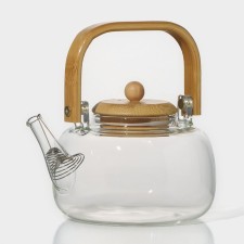 A glass teapot with a bamboo cover and a metal filter “IVF. Bable 