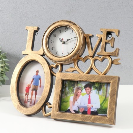 Multipher with clock "Love" Plastic 2 photo 10x15 cm, col. bronze-1