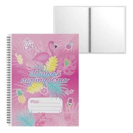 Folder Portfolio with 40 A4 inserts, 550 μm, Erichkrause Rose Flamingo, Spiral, with a pattern