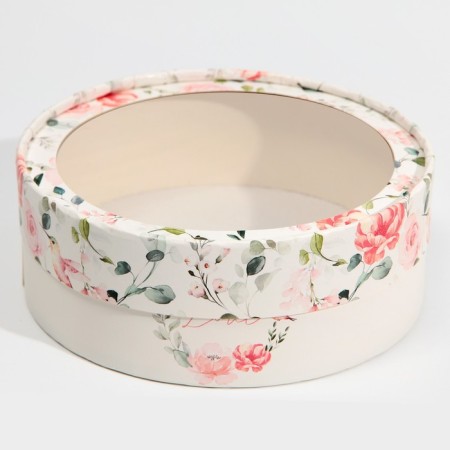 Makarun box, confectionery packaging tube with a window, love, 16 x 16 x 5 cm