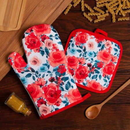 Kitchen set of "rose" dignity 17x17 cm, mittens 25x16 cm, 100% p/e