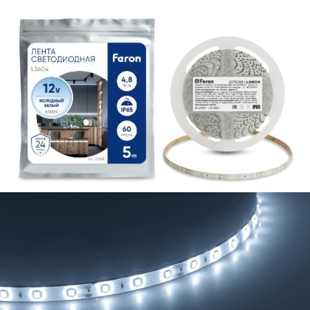Feron 5 m, IP65, SMD2835, 60 LED/m, 4.8 W/m, 12 V, glow cold white