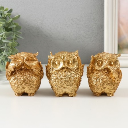 Souvenir Polystone "Golden owls" gold set 3 pcs 7.5x7.5x9 cm
