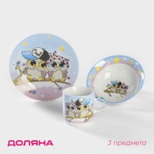 A set of children's utensils from ceramics of the Dolyan “Owls of Teenage”, 3 subjects: 230 ml mug, bowl 400 ml, plate d = 18 cm