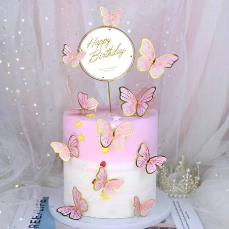 Set for decorating the cake "Happy Birthday", butterflies, pink color