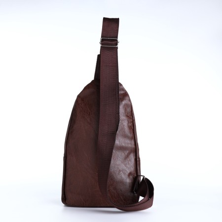 Male sling bag, artificial leather, headphone opening, brown color-3
