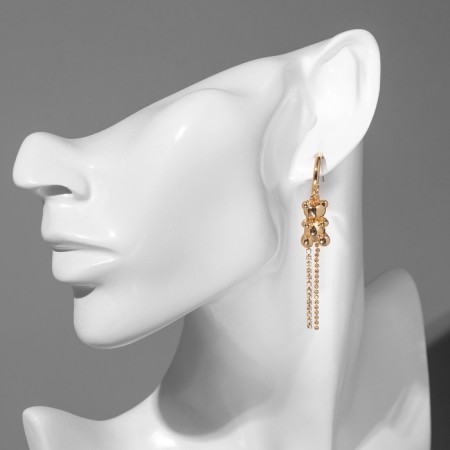 Hanging earrings with rhinestones "Bear" with heart, white color in gold-4