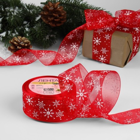 New Year! Kapron tape "Snowflakes", 40 mm × 23 ± 1 m, red/white color