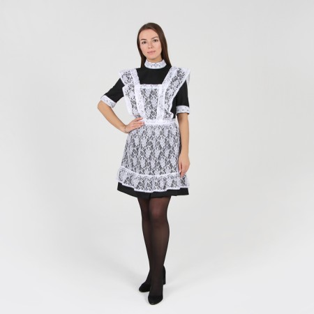School apron with straps and bottom, guipure, flowers, p. 42-50, white color