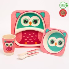 A set of children's bamboo dishes “Owl”, plate, bowl, glass, devices, 5 items