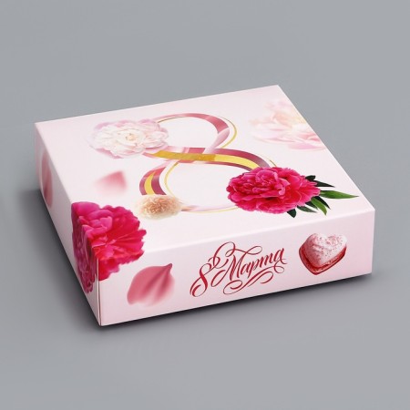 Box for sweets 4 pcs without a window "since March 8", 12.6 x 12.6 x 3.5 cm. Confectionery packaging-1