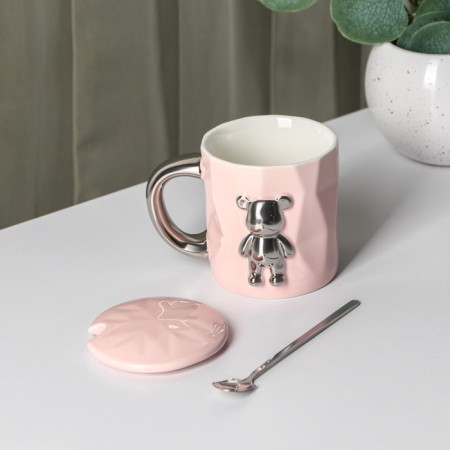 Ceramic mug with a spoon "Stylish Bear", 320 ml, pink color-2