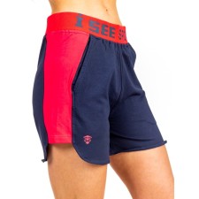 Women's shorts ise, size 50 cm, dark blue color, raspberry