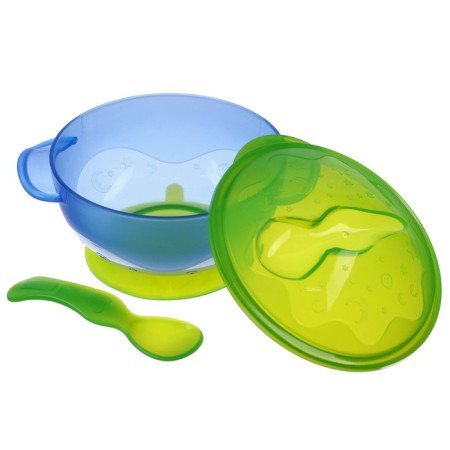 Feeding set: a bowl on a suction cup with a lid, spoon, blue color-1